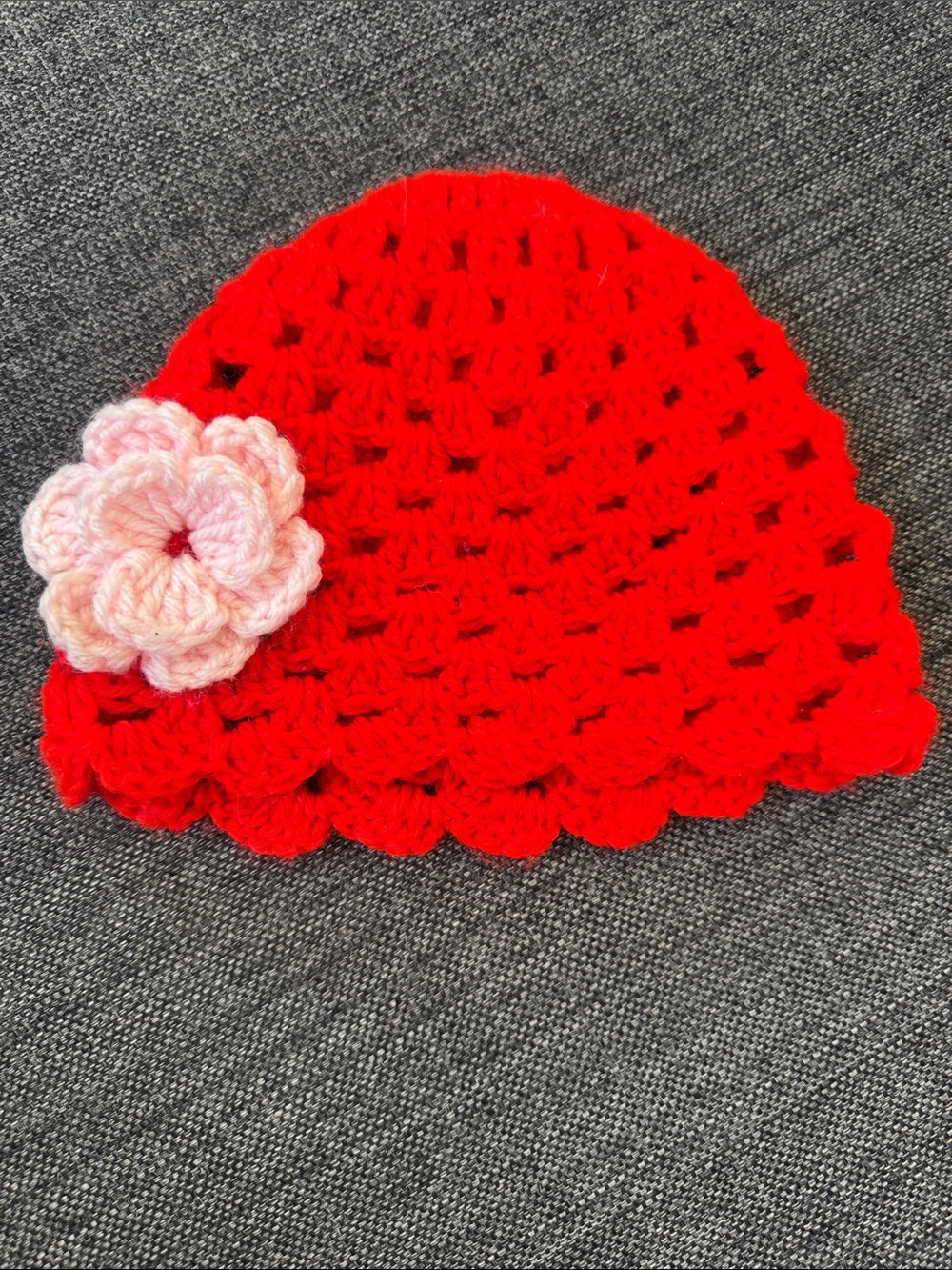 Handmade Red Crochet Beanie Pink Flower Adult Hat